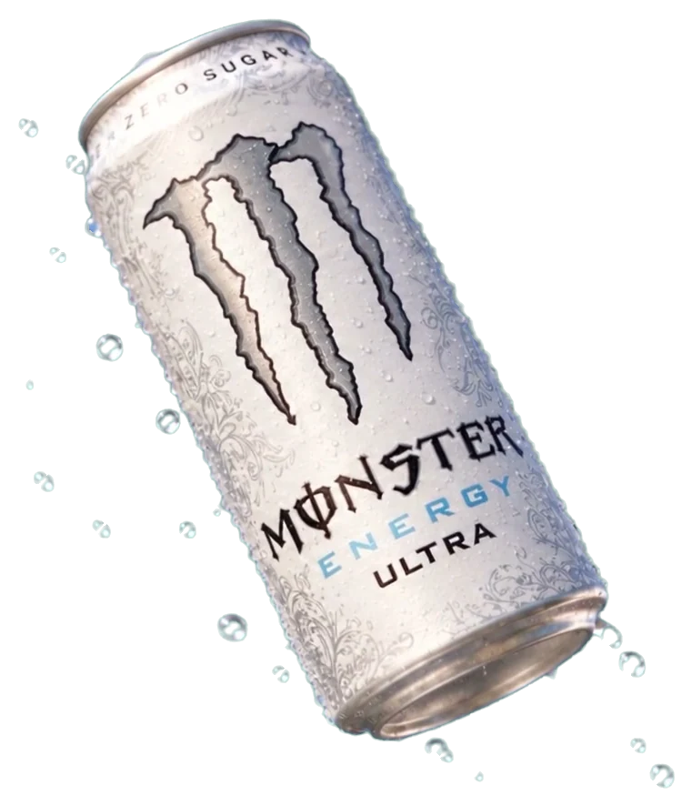 Lata branca de Monster Ultra flutuando entre gotas geladas